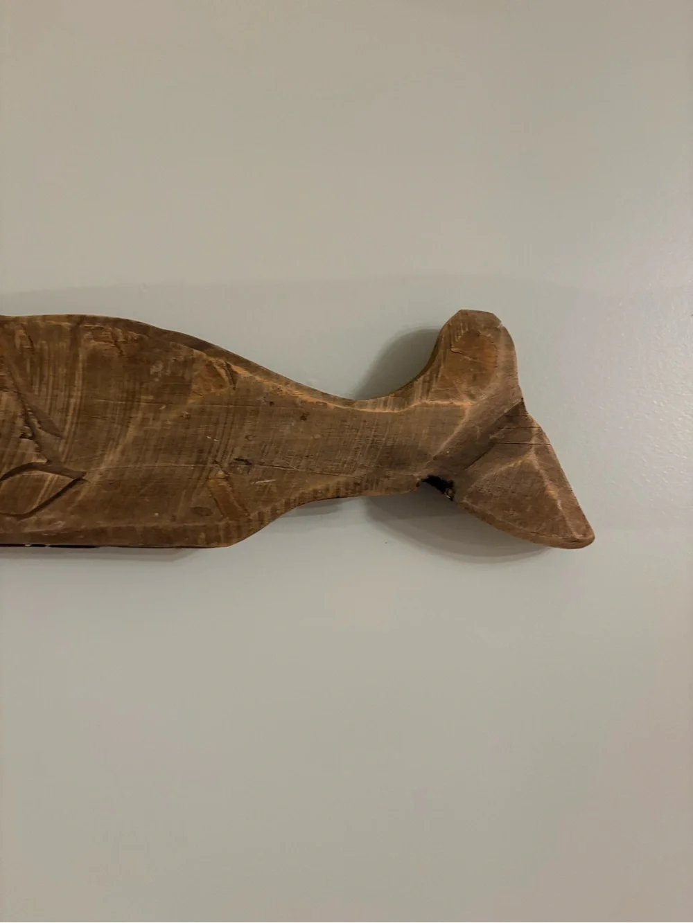⁠Hand Carved Wooden Sperm Whale Wall Hanging Rustic Barn Wood Coastal Folk Art
